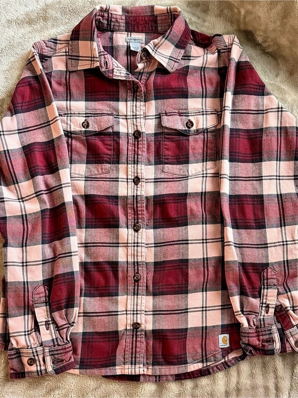 Carhartt women’s Plaid Button Down Shirt Pink and red